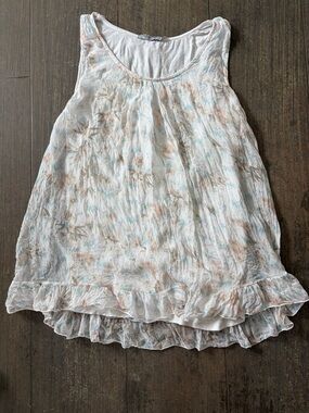 Tenderize Light Floral Ruffle Hem Silk Tank Top - White with Pastel Accents